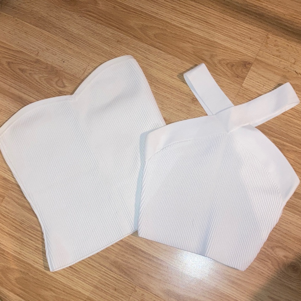 Aritzia Babaton Ribbed Crop Top Bundle (2) White sz Small Bandeau Criss Cross